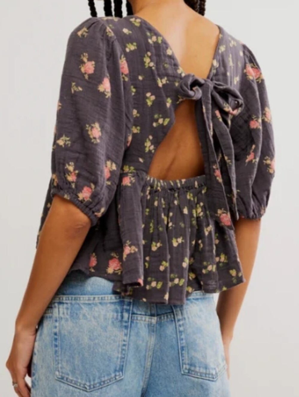 Free People Charcoal Floral Open-Back Peplum Blouse